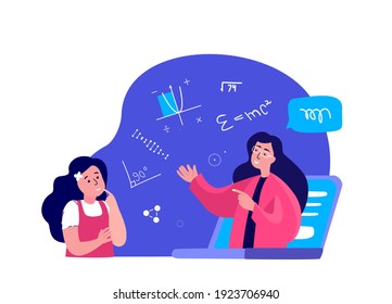 Remote Education.Online Digital Lesson Tutorial Education for Child.Teacher Coach Explain Knowledge for Pupil in Laptop.Student Study.Homework.Home Schooling.Internet Learning.Vector Flat Illustration