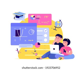 Remote Education.Online Digital Lesson Tutorial Education for Children.Schooling Website Knowledge for Pupil on Video Laptop.Clever Student Study.Homework Home School.Internet Learn.Vector Illustratio