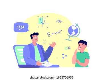 Remote Education.Online Digital Lesson Tutorial Education for Child.Teacher Coach Explain Knowledge for Pupil in Laptop.Student Study.Homework.Home Schooling.Internet Learning.Vector Flat Illustration