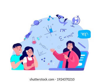 Remote Education.Online Digital Lesson Tutorial Education for Children.Teacher Coach Explain Knowledge in Laptop. Students Study Homework.Home Schooling. Pupils, Internet Learning. Vector Illustration