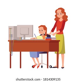 Remote e-learning for children. The girl and her mother are next to a table with a computer and books. Distance online school. Flat cartoon vector illustration isolated on a white.