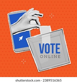 Remote electronic voting banner. 20024 Online elections. Vector halftone collage illustration with a smartphone with hand sticking out of phone screen and putting vote in election box. Vector eps10