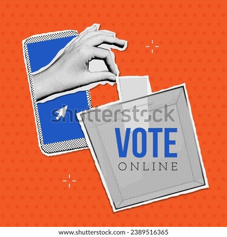Remote electronic voting banner. 20024 Online elections. Vector halftone collage illustration with a smartphone with hand sticking out of phone screen and putting vote in election box. Vector eps10