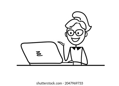 A remote employee communicates via the Internet. Businesswoman working, taking part in online negotiations, in business activities. Telecommuting.  Working from home. Online learning. Concept for web 
