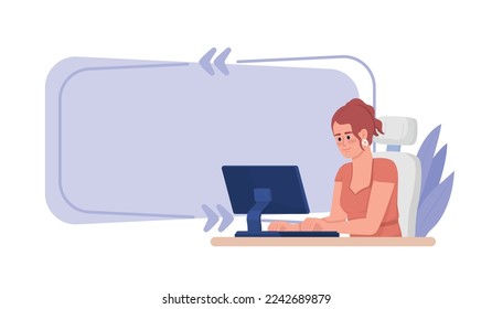 Remote employee quote textbox with flat character. Computer worker. Female typing. Speech bubble with editable cartoon illustration. Creative quotation isolated on white background