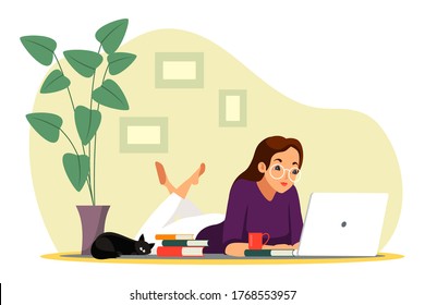 Remote employee working at home office. Woman is lying on floor with laptop, cat, books and houseplant. Convenient workplace, comfortable conditions. Vector character illustration of freelancer