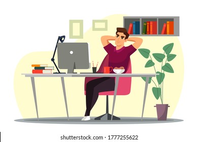 Remote employee working at home office. Man sits at desk, leaned back in his chair. Interior of modern office, convenient workplace, comfortable conditions. Vector character illustration of freelancer