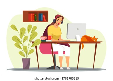 Remote employee working at home office. Woman in headset sits at computer. Vector character illustration of support service, call center. Modern Interior, convenient workplace, comfortable conditions