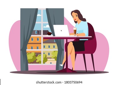 Remote employee working at home office. Woman sits at laptop, drink coffee, city window view. Modern Interior, convenient workplace, comfortable conditions. Vector character illustration of freelancer