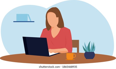 Remote employee working at home office. Woman is lying on floor with laptop, cat, books and houseplant. Convenient workplace, comfortable conditions. Vector character illustration of freelancer.