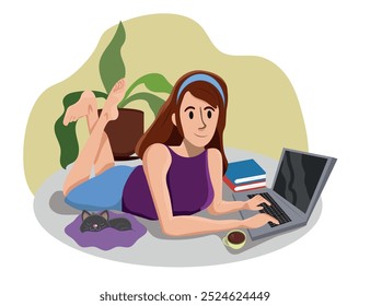 Remote employee working from home office. Woman is lying on the floor with laptop, cat, books and houseplant. Convenient workplace, comfortable conditions. Vector illustration.