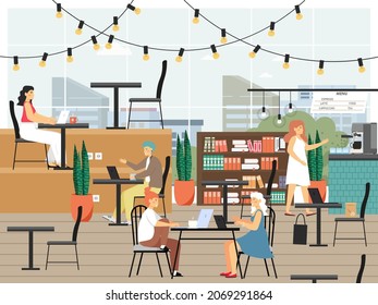 Remote employees, freelancers sharing open common space for work. Coworking space. Creative working environment, vector.