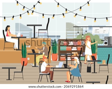 Remote employees, freelancers sharing open common space for work. Coworking space. Creative working environment, vector.