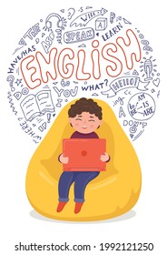 Remote english course. Child sitting in bean bag with laptop and english language hand drawn doodles and lettering
