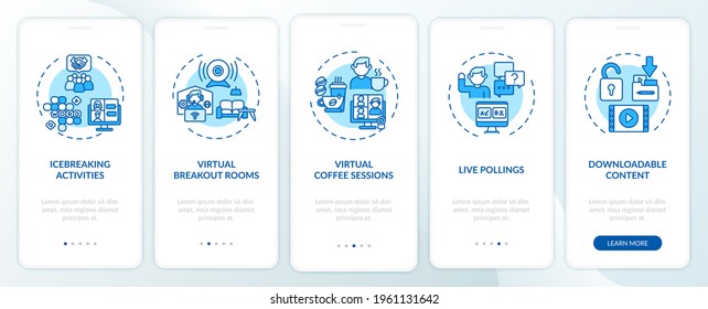 Remote events success tips onboarding mobile app page screen with concepts. Games, polls walkthrough 5 steps graphic instructions. UI, UX, GUI vector template with linear color illustrations