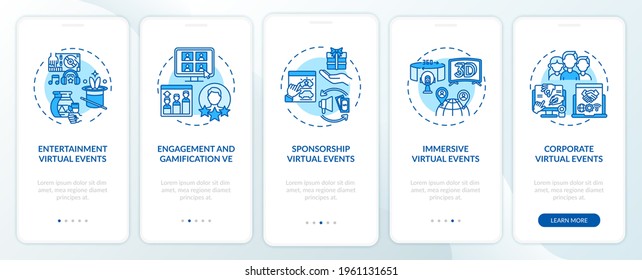 Remote events types onboarding mobile app page screen with concepts. Entertainment, gamification walkthrough 5 steps graphic instructions. UI, UX, GUI vector template with linear color illustrations