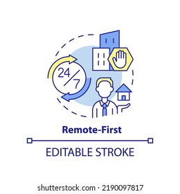 Remote First Concept Icon. Work From Home Preference. Hybrid Work Model Abstract Idea Thin Line Illustration. Isolated Outline Drawing. Editable Stroke. Arial, Myriad Pro-Bold Fonts Used