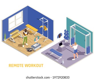 Remote fitness workout virtual training coaching isometric composition with men shaping up in home gym vector illustration