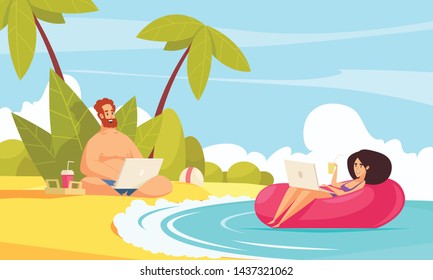 Remote flexible work flat cartoon composition with freelancers couple vacation with laptops on tropical beach  vector illustration 