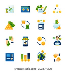 Remote foreign currency paying and exchange with internet computer banking system flat icons set abstract vector illustration