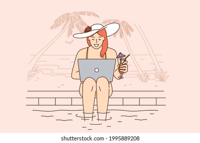 Remote freelance work and communication concept. Young smiling woman cartoon character sitting at swimming pool with cocktail and laptop and making work online vector illustration 