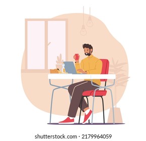 Remote Freelance Work Concept. Man Freelancer Sitting in Comfortable Armchair Working Distant on Laptop with Cup of Coffee in hand. Programmer or Designer Character at Home. Linear Vector Illustration