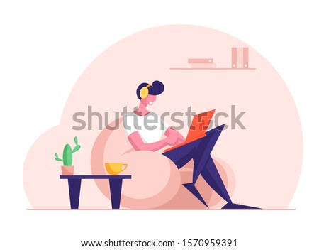 Remote Freelance Work Concept. Man Freelancer Wearing Headset Sitting in Comfortable Armchair Working Distant on Laptop. Creative Employee Character Work at Home. Cartoon Flat Vector Illustration