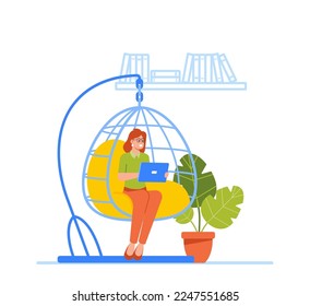 Remote Freelance Work or Coworking Area Concept. Female Character Relaxing in Office Lounge Zone. Freelancer Sitting in Suspending Armchair with Laptop Working on Laptop. Cartoon Vector Illustration