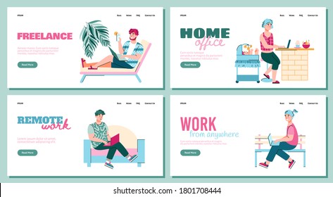 Remote freelance work from home banner set with cartoon people working remotely on laptops. Freelancers using computer at home office, vector illustration.