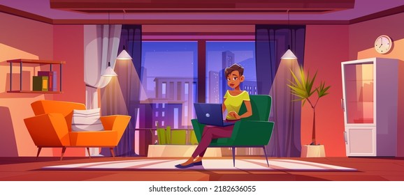 Remote freelance, work from home concept. Woman freelancer sitting in comfortable armchair in apartment working distant on laptop. Outsourced employee female character Cartoon vector illustration