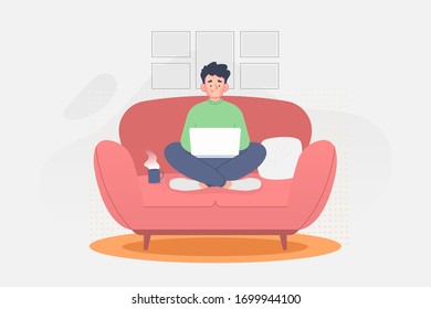 Remote or freelance work and home office concept. Young man working at his home office, minimal office workspace with laptop, flat vector illustration