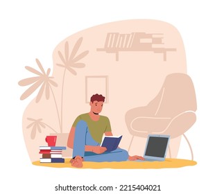 Remote Freelance Work, Homeworking Place Concept. Man Freelancer Sit on Floor with Coffee Cup and Pile of Books Working or Studying on Laptop, Character Work at Home. Cartoon Vector Illustration