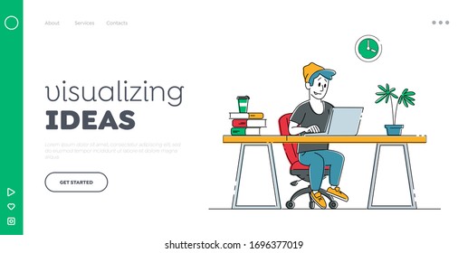 Remote Freelance Work Landing Page Template. Man Freelancer Sitting in Armchair Working Distant on Laptop. Creative Employee Programmer or Designer Character Work at Home. Linear Vector Illustration