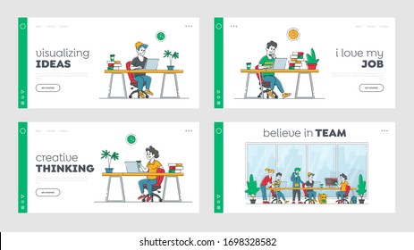 Remote Freelance Work Landing Page Template Set. People Freelancers Working Distant on Laptop. Creative Employee Characters Work at Home and Teamwork in Coworking Area. Linear Vector Illustration
