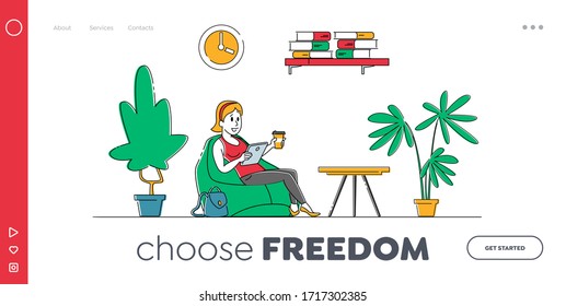 Remote Freelance Work Landing Page Template. Woman Freelancer Sit in Beanbag Armchair with Coffee Cup Working Distant on Tablet. Creative Employee Character Work at Home. Linear Vector Illustration