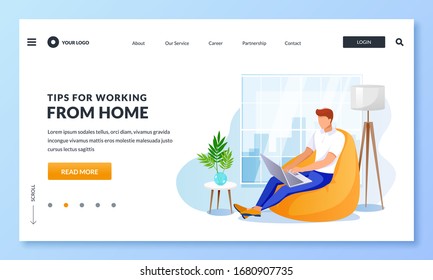 Remote freelance work online job, work from home concept. Businessman or freelancer entrepreneur sitting on puff armchair with laptop. Vector illustration for web landing page, banner, poster design