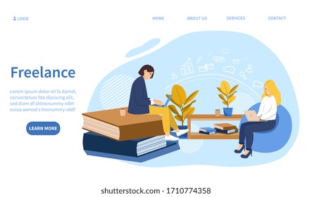 Trabajo independiente remoto o concepto de teletrabajo que muestra a las personas que trabajan en computadoras portátiles, una mujer en casa y una sentada en un montón de libros con espacio de copia para texto, ilustración vectorial