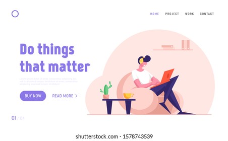 Remote Freelance Work Website Landing Page. Man Freelancer Wearing Headset Sitting in Comfortable Armchair Working Distant on Laptop. Creative Employee Web Page Banner. Flat Vector Illustration