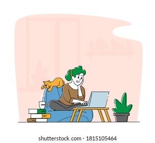 Remote Freelance Work, working at Home Concept. Woman Freelancer Sitting in Comfortable Bean bag chair with Coffee Cup Working from a distance on Laptop, Work at Home Character, Linear Vector Illustration