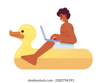 Remote freelancer working from anywhere semi flat color vector character. Man with laptop on duck float. Editable person on white. Simple cartoon spot illustration for web graphic design and animation