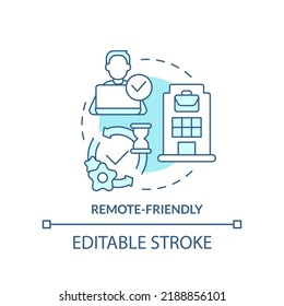 Remote friendly turquoise concept icon. Combined schedule. Hybrid work model abstract idea thin line illustration. Isolated outline drawing. Editable stroke. Arial, Myriad Pro-Bold fonts used