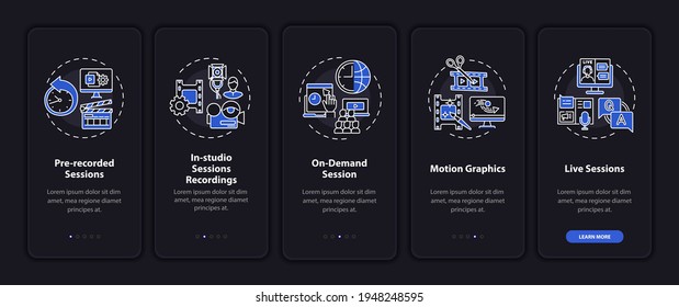 Remote gathering content onboarding mobile app page screen with concepts. Studio recordings walkthrough 5 steps graphic instructions. UI, UX, GUI vector template with linear night mode illustrations