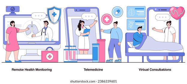 Remote health monitoring, telemedicine, virtual consultations concept with character. Business telehealth abstract vector illustration set. Remote diagnostics, digital healthcare access metaphor.