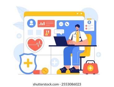 Remote Health Monitoring Vector Illustration featuring the Use of Digital Technology to Track Medical and Health Data in a Fat Style Background