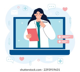 Remote healthcare professional at work. Cheerful female online doctor with clipboard and pen in hands displayed on laptop screen. Flat vector illustration