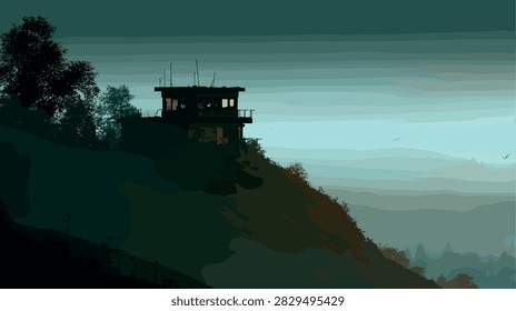 Remote Hilltop Watchtower at Dusk with Forest Landscape