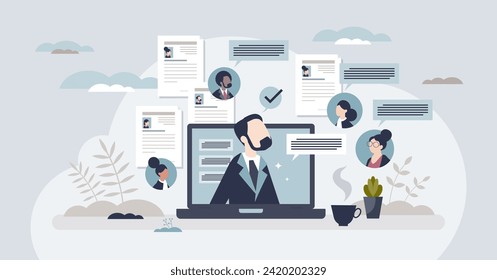 Contratación remota y entrevista de trabajo en línea con el concepto de persona diminuta de investigación CV. Los recursos humanos trabajan con reuniones distantes para la ilustración de nuevos vectores de empleados y personal. Estrategia de búsqueda de vacantes.