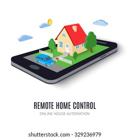 Remote home control concept icon. Vector illustration. Smart house technology system on digital tablet or phone. With building, tree, car, road, cloud and sun elements. Isolated on white background.