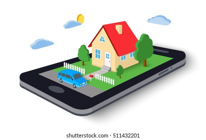 Remote home control concept icon. Vector illustration. Smart house technology system on digital tablet or phone. Isolated on white background.