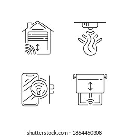 Conjunto de iconos lineales del sistema de control remoto del hogar. Abridor de puerta de garaje inalámbrico. Sensor de fuego para tu casa. Símbolos de contorno de línea delgada personalizables. Ilustraciones aisladas del contorno vectorial. Trazo editable